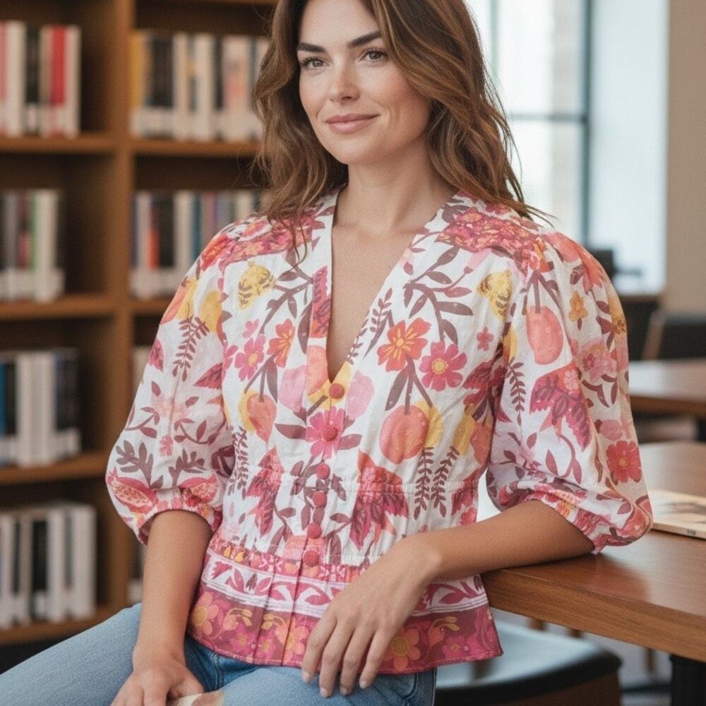Farm Rio Floral Swiss Dot Pleated Peplum Elbow Sleeve V Neck Size Small NWOT